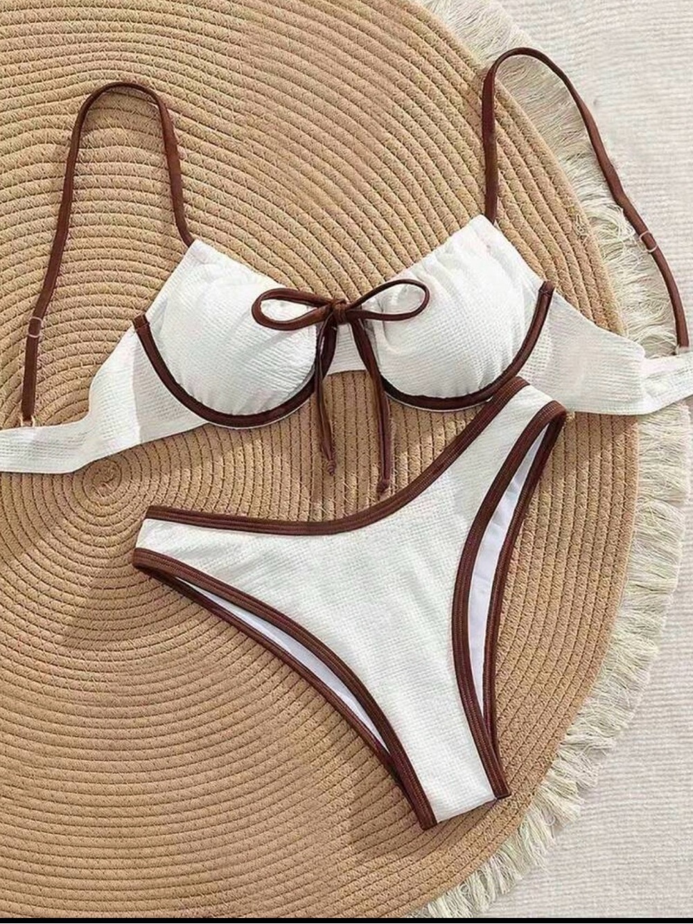 White & Brown Trim Bikini Set